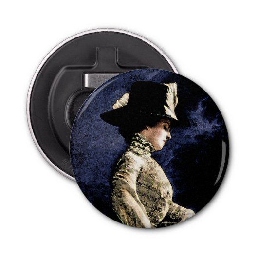 Verdrietige Victoriaans vrouw met veren Pet Button Flesopener (Voorkant)