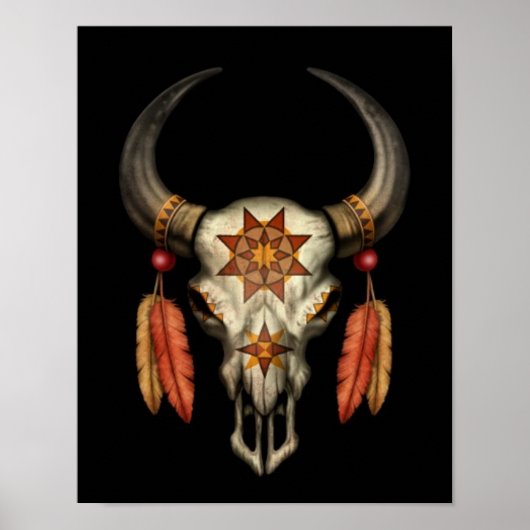 Verdroogde Native Bull Skull met veren op zwart Poster (Voorkant)
