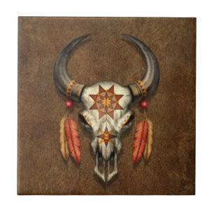 Verdroogde Native Bull Skull met veren Tegeltje