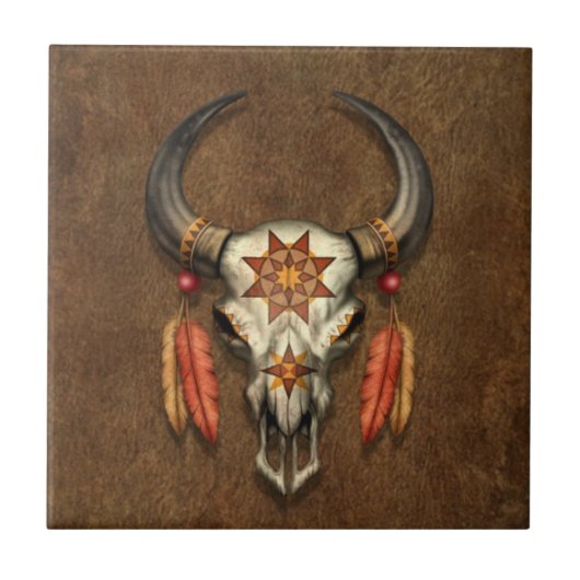 Verdroogde Native Bull Skull met veren Tegeltje (Voorkant)