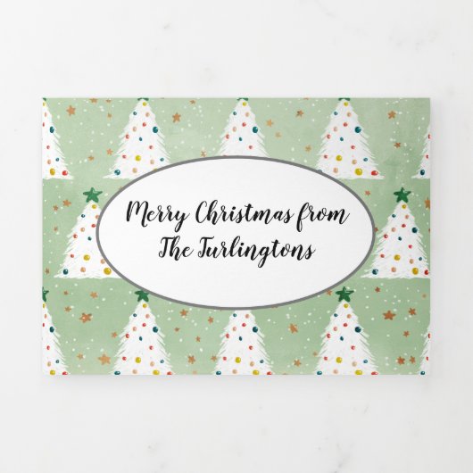 Verdroogde witte kerstbomen Groene Ster & Ornament Drieluik Wenskaart (Cover)