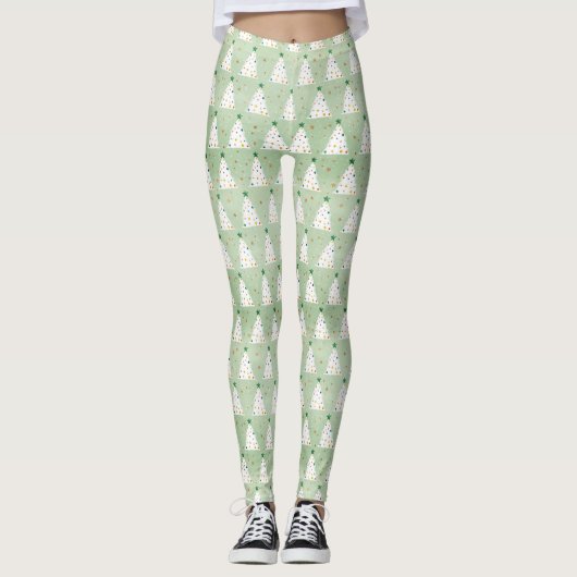 Verdroogde witte kerstbomen Groene Ster & Ornament Leggings (Voorkant)