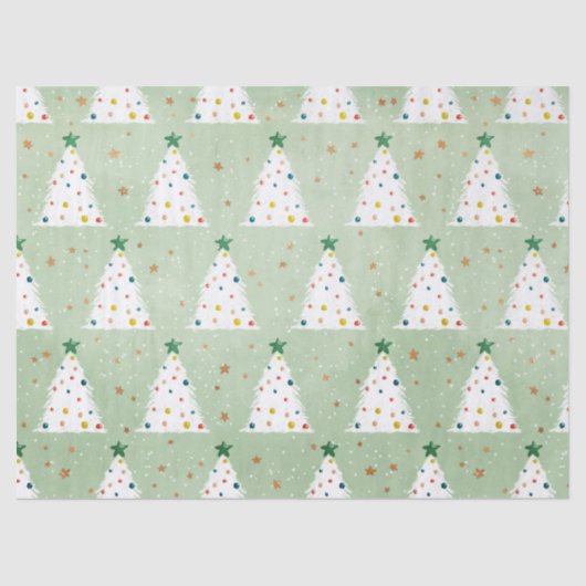 Verdroogde witte kerstbomen Groene Ster & Ornament Tissuepapier (Voorkant)