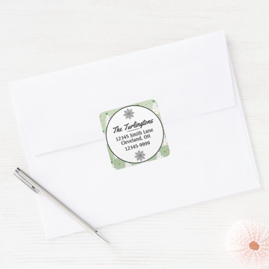 Verdroogde witte kerstbomen Groene Ster & Ornament Vierkante Sticker (Envelop)