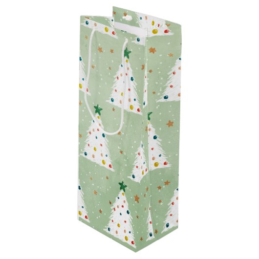 Verdroogde witte kerstbomen Groene Ster & Ornament Wijn Cadeautas (Voorkant Gekanteld)