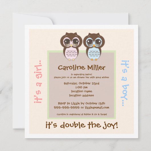 Verdubbel de Joy!  Twin Owl Boy Girl Baby shower Kaart (Achterkant)