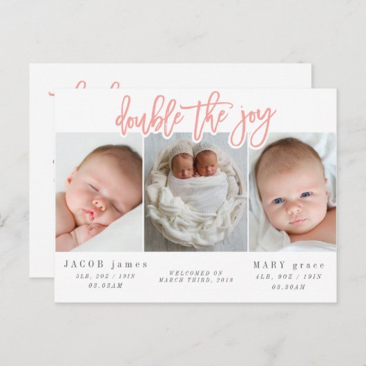 Verdubbel het briefkaart van de vreugdetweelinggeb (Voorkant / Achterkant)