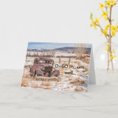 Verdunde, robuust Antiek auto in sneeuw Kaart (Gele Bloem)