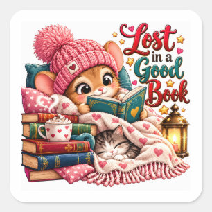 Verdwaald in een Goed Boek Kat Lezer Vierkante Sticker