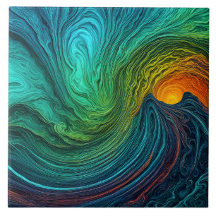 "Verdwijnende zon" Abstracte fractale golven Tegeltje