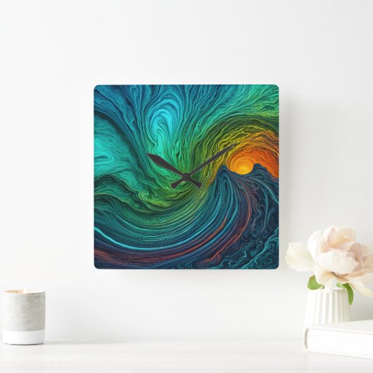 "Verdwijnende zon" Abstracte fractale golven Vierkante Klok (Huis)