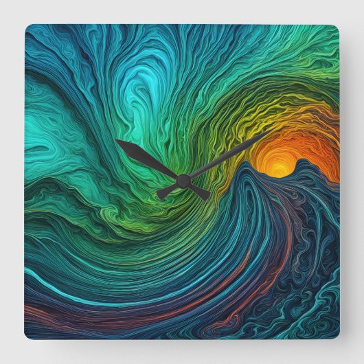 "Verdwijnende zon" Abstracte fractale golven Vierkante Klok (Voorkant)