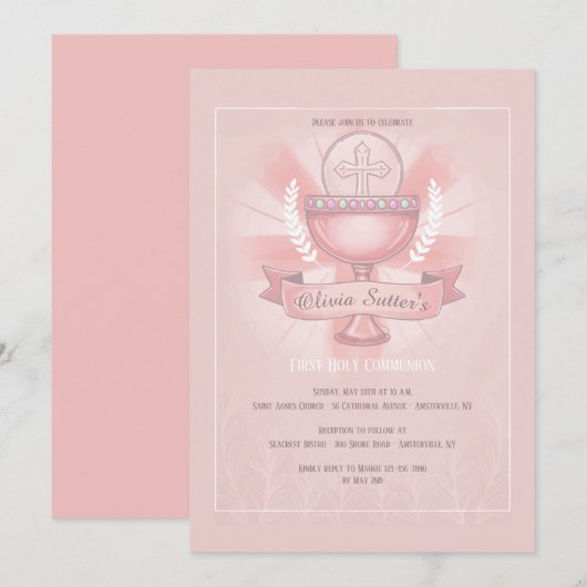 Vereerde Kelk Eerste Heilige Communie Roze Kaart (Voorkant / Achterkant)