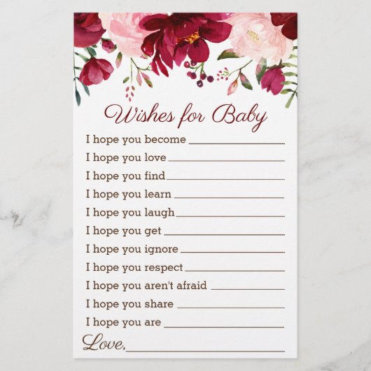 Vereist Baby shower Game Burgundy Pink Floral (Voorkant)