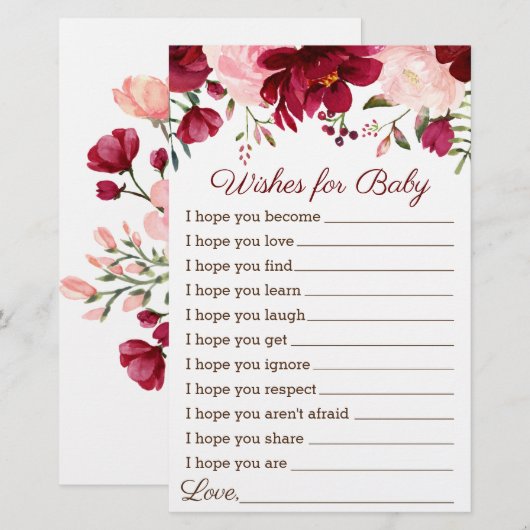 Vereist Baby shower Game Burgundy Pink Floral (Voorkant / Achterkant)