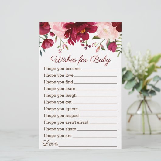 Vereist Baby shower Game Burgundy Pink Floral (Staand voorkant)