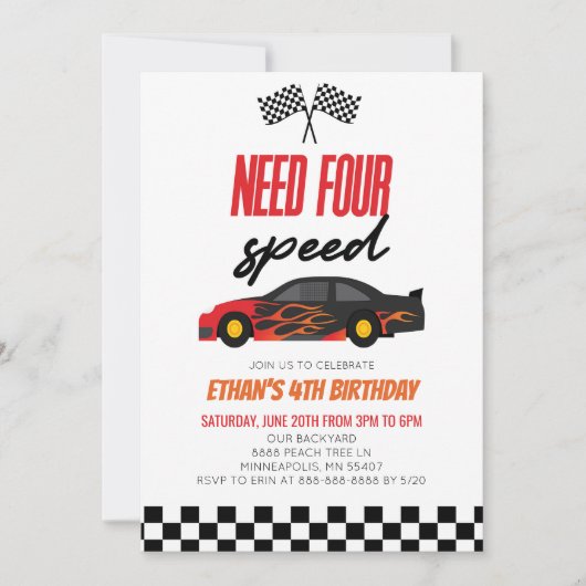 Vereist vier rode vlam race auto 4e verjaardag par kaart (Voorkant)