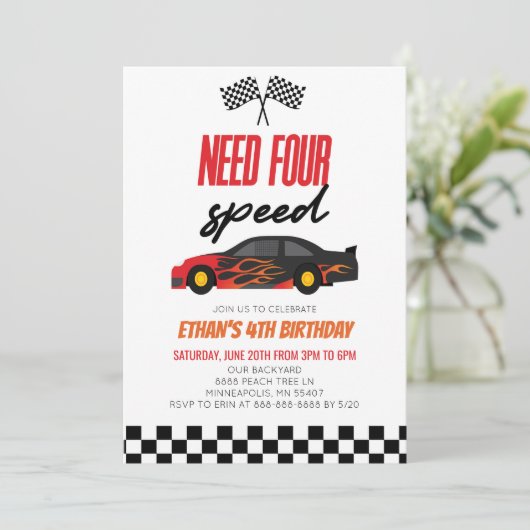 Vereist vier rode vlam race auto 4e verjaardag par kaart (Staand voorkant)