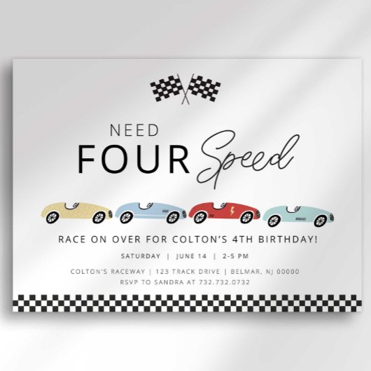 Vereist Vier Snelheid 4e Verjaardag Uitnodiging