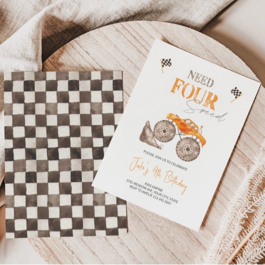 Vereist VIER Snelheid Oranje Monster Truck Invitat Kaart