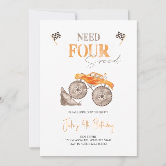 Vereist VIER Snelheid Oranje Monster Truck Invitat Kaart (Voorkant)