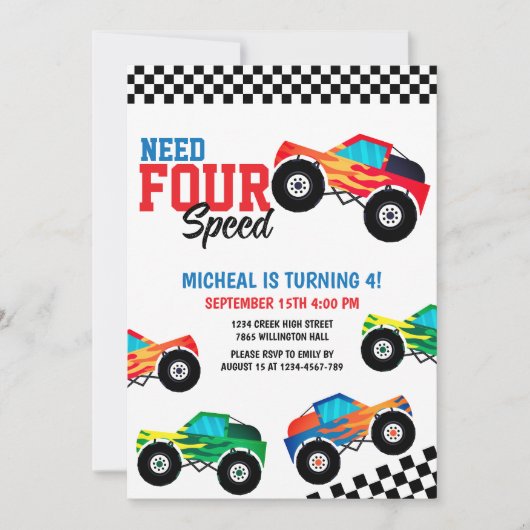 Vereist vier Snelheidsmonster Truck Race 4e Verjaa Kaart (Voorkant)