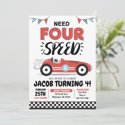 Vereist VIER Speed Race Auto Verjaardag uitnodigin Kaart (Staand voorkant)