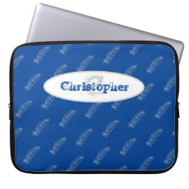 Veren Blauw Wit Modern Monogram Naam Sjabloon Laptop Sleeve