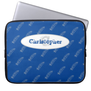 Veren Blauw Wit Modern Monogram Naam Sjabloon Laptop Sleeve