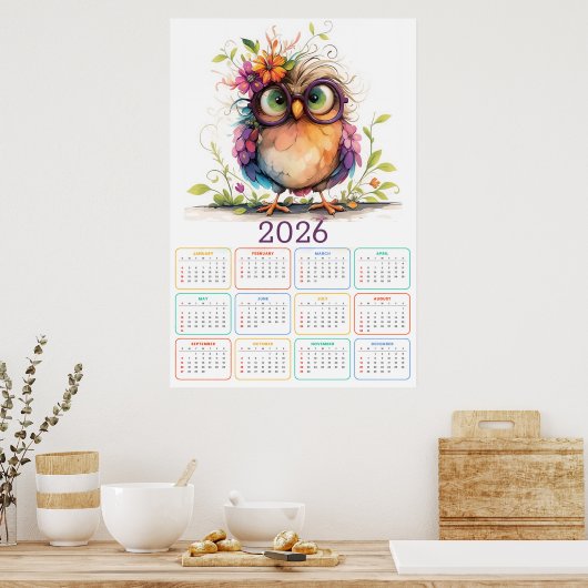 Veren & Bloemen: 2026 Uil Kalender Poster (Keuken)
