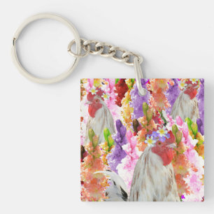 Veren en bloemen: Haan tussen de Hollyhocks Sleutelhanger
