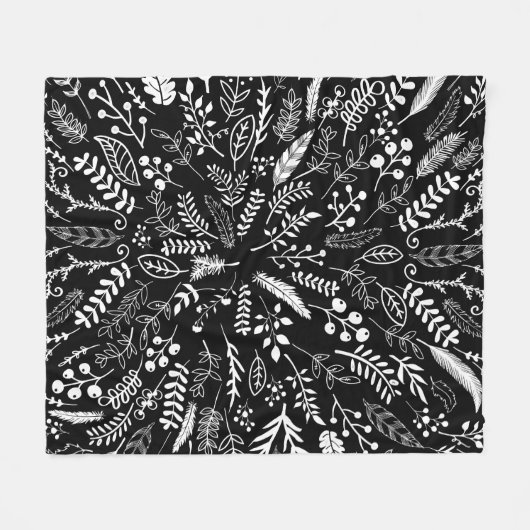 Veren en varens in zwart-wit fleece deken (Voorkant (Horizontaal))