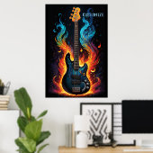 Veren en vlammen elektrische basgitaar poster (Thuiskantoor)