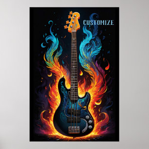 Veren en vlammen elektrische basgitaar poster