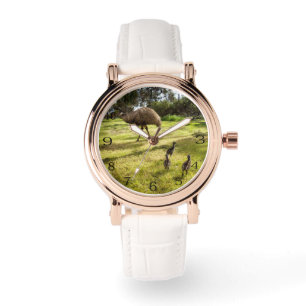 Veren en voetstappen: een vader Emu met kuikens Horloge