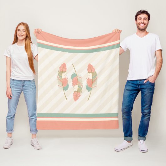 Veren in Crème, Mint Groen en Koraal Fleece Deken (In situ)