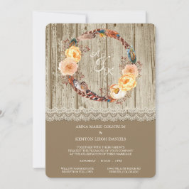 veren krans rustiek hout bruiloft uitnodiging