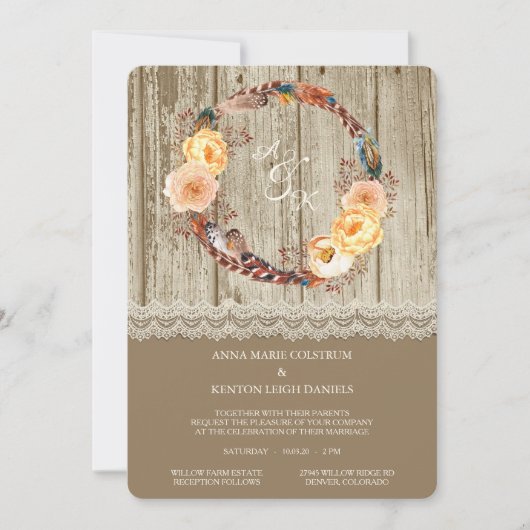 veren krans rustiek hout bruiloft uitnodiging (Voorkant)