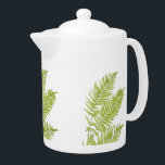 Veren op een theepot<br><div class="desc">Het ontwerp van deze theepot is gebaseerd op een schilderij van twee varenbladeren van mijn hand. Met meerdere fraai geplaatste blaadjes ziet het eruit als een vogelveer! Vandaar de naam.</div>