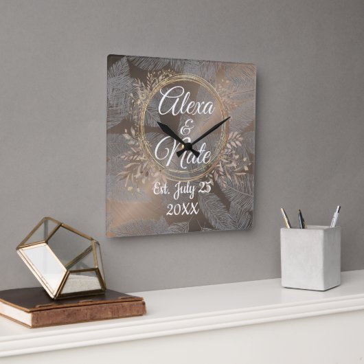 Veren Roos Blush Bloemen Krans Bruiloft Custom Vierkante Klok (Kantoor)