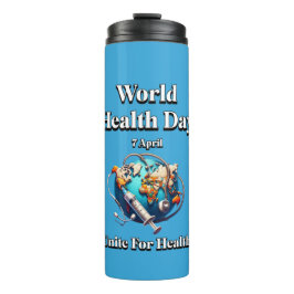 Verenig je voor gezondheid. Wereldgezondheidsdag.  Thermosbeker
