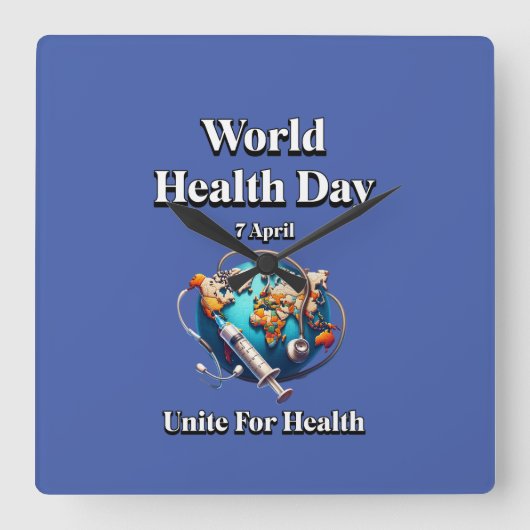 Verenig je voor gezondheid. Wereldgezondheidsdag.  Vierkante Klok (Voorkant)
