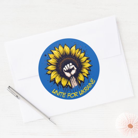 Verenig voor Oekraïne Zonnebloem & vuist Ronde Sticker (Envelop)
