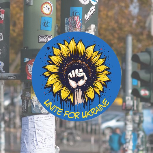 Verenig voor Oekraïne Zonnebloem & vuist Ronde Sticker