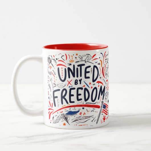 Verenigd door vrijheid tweekleurige koffiemok (Links)