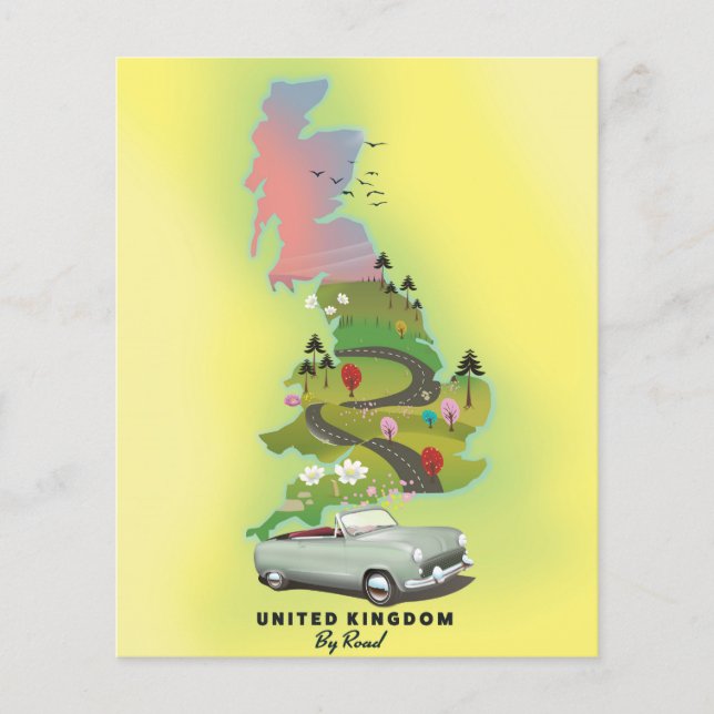 Verenigd Koninkrijk 'Per auto' Vintage reisposter. (Voorkant)