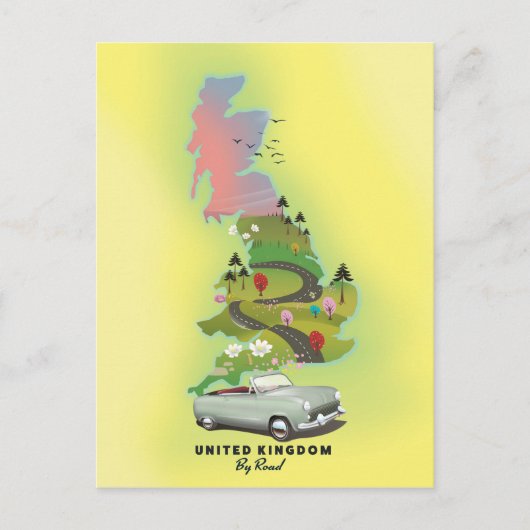 Verenigd Koninkrijk 'Per auto' Vintage reisposter. Briefkaart (Voorkant)