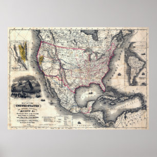 VERENIGDE STATEN CALIFORNIA GOLD RUSH MAP 1849 POSTER
