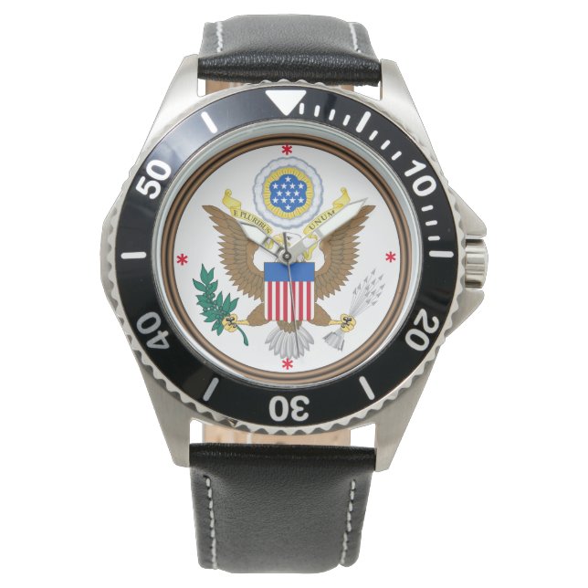 Verenigde Staten Custom Roestvrij Staal Zwart Leer Horloge (Voorkant)