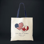 Verenigde Staten en Canada Heart Flags Wedding Tote Bag<br><div class="desc">Liefde kent geen grenzen! Ons super schattige vlaggetje is voorzien van het lieve gevoel in navy blue typemachine stijl letters, met de VS en Canada tassen in handgetekende stijl harten. Voeg je namen en trouwdatum toe voor een zoete gunst of welkomsttas! Wilt u dit object met andere vlaggen? Neem contact...</div>